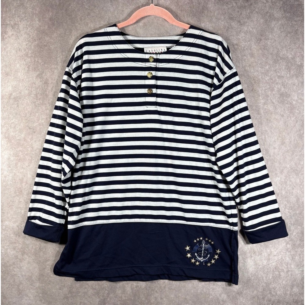 Vinatge Carolina Colours Top Womens S Navy Blue Striped Nautical Anchor‎ Henley